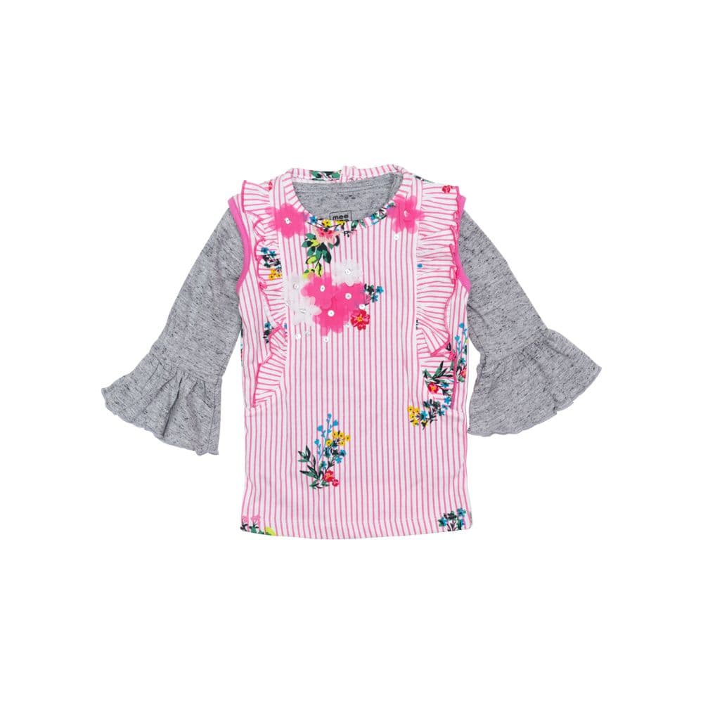Mee Mee Full Sleeve Girls Solide Grey Top With Floral Striped Dungree Set (Pink_Melange)